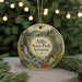 A round ornament with a scenic landscape of Allis State Park, Vermont, featuring a waterfall, forest, and mountains.