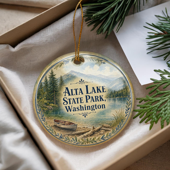 A decorative ornament with a scenic image of Alta Lake State Park, Washington, featuring a boat on the water and pine trees in the background.