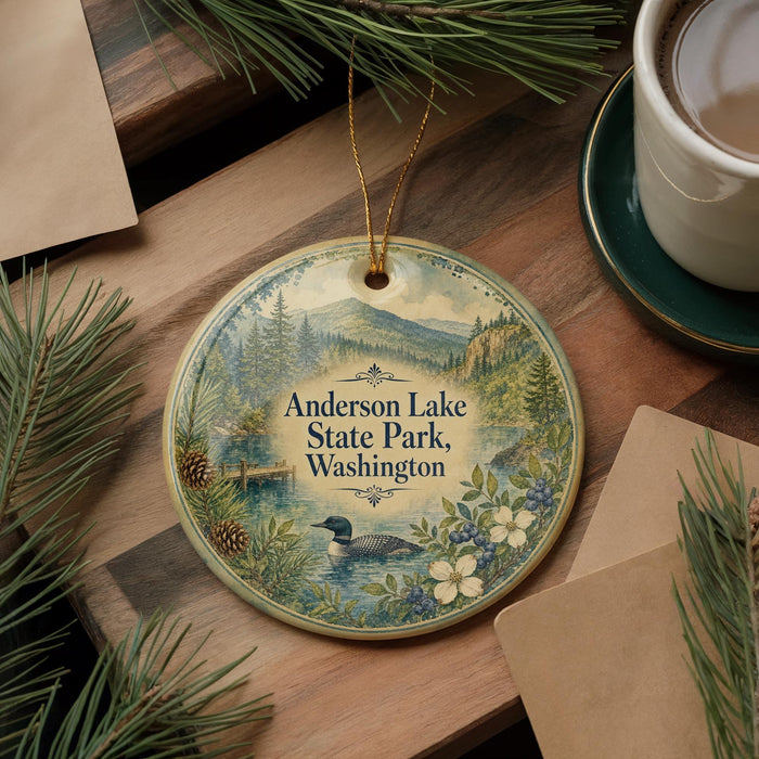 A decorative ornament with a lake and forest scene, featuring a bird and pine trees, is displayed on a wooden surface alongside a cup of coffee and some papers.