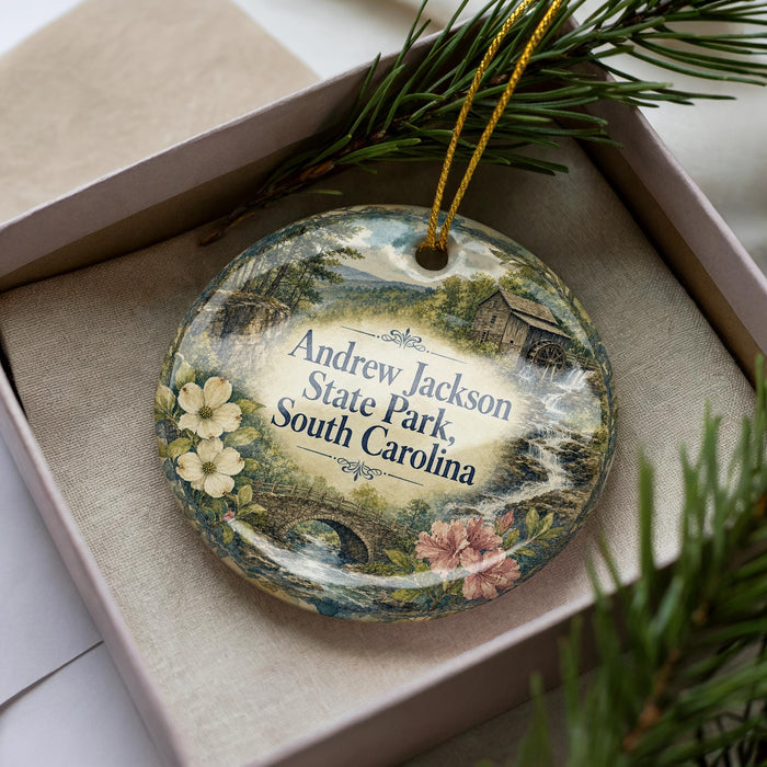 A decorative ornament with a scenic landscape of Andrew Jackson State Park, South Carolina, displayed in a box with pine branches.