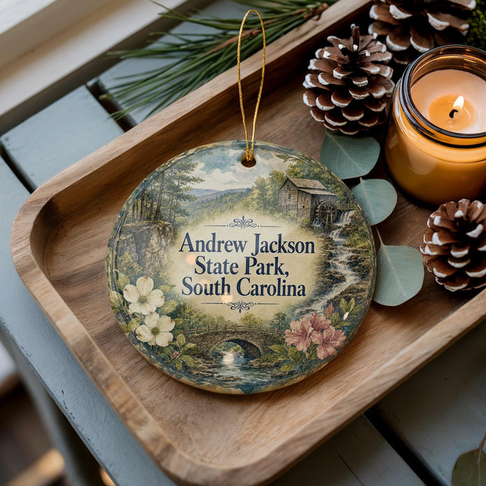 A decorative ornament with a scenic landscape of Andrew Jackson State Park, South Carolina, featuring a bridge, pine trees, and flowers. The ornament is displayed on a wooden tray, accompanied by a lit candle and pine cones.