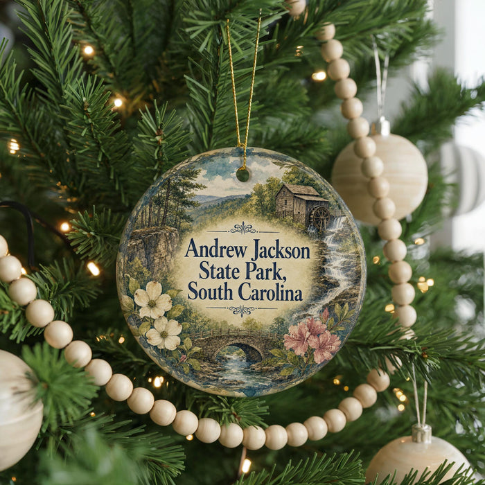 A round ornament hanging on a Christmas tree, featuring a scenic landscape with a bridge and flowers.