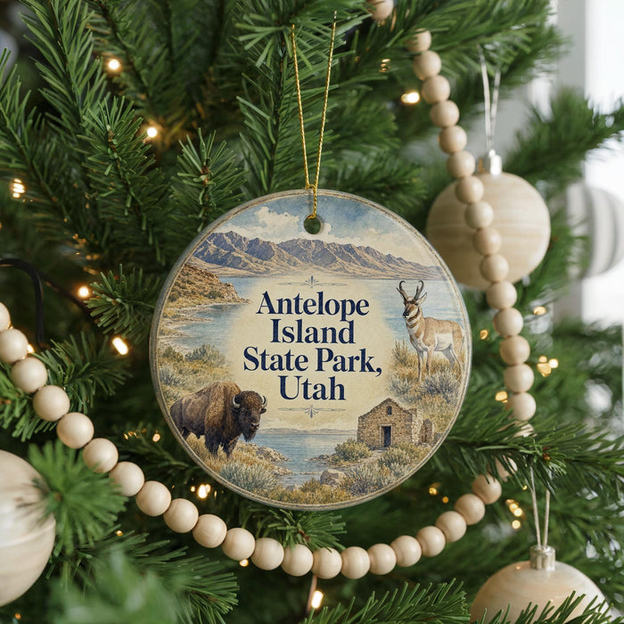 A circular ornament hanging on a Christmas tree, featuring a scenic image of Antelope Island, Utah, with a bison and a deer in the foreground.
