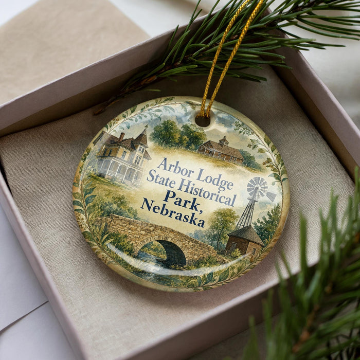 A decorative ornament in a box, featuring illustrations of a lodge, a house, a bridge, and a windmill, with the text "Arbor Lodge State Historical Park, Nebraska" printed on it.