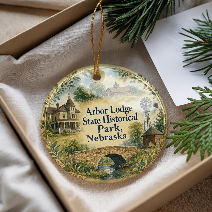 A decorative ornament with a scenic image of a historic lodge and park in Nebraska, featuring a bridge and a windmill.