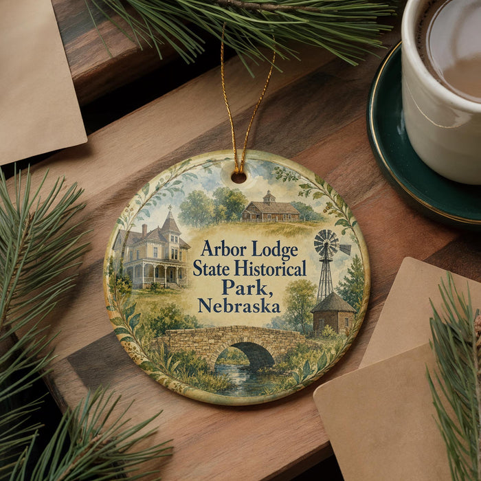 A decorative ornament featuring a scenic image of the Arbor Lodge State Historical Park in Nebraska, with a bridge and other natural elements.