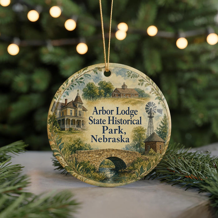 A round ornament with a painting of a historic lodge and a windmill, surrounded by greenery, with the text "Arbor Lodge State Historical Park, Nebraska" displayed on it.
