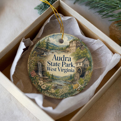 A decorative ornament in a box, featuring a scenic landscape with a waterfall, a house, and greenery.