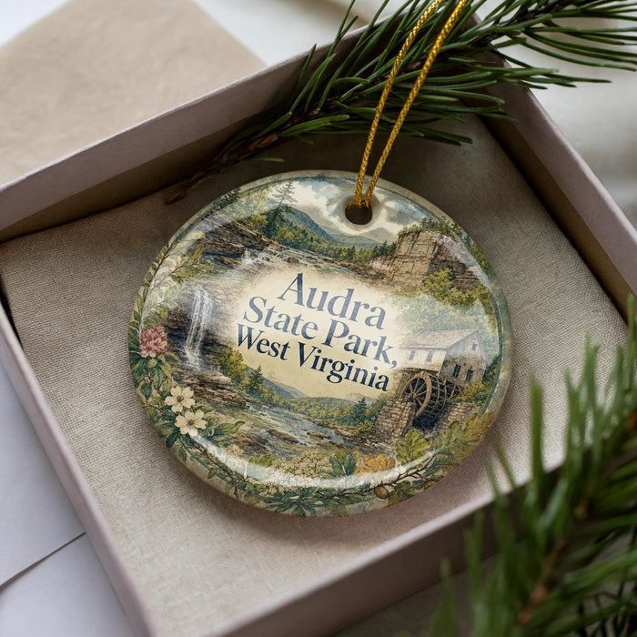 A decorative ornament in a box, featuring a scenic landscape with a waterfall and a castle, with the text "Audra State Park, West Virginia" prominently displayed.
