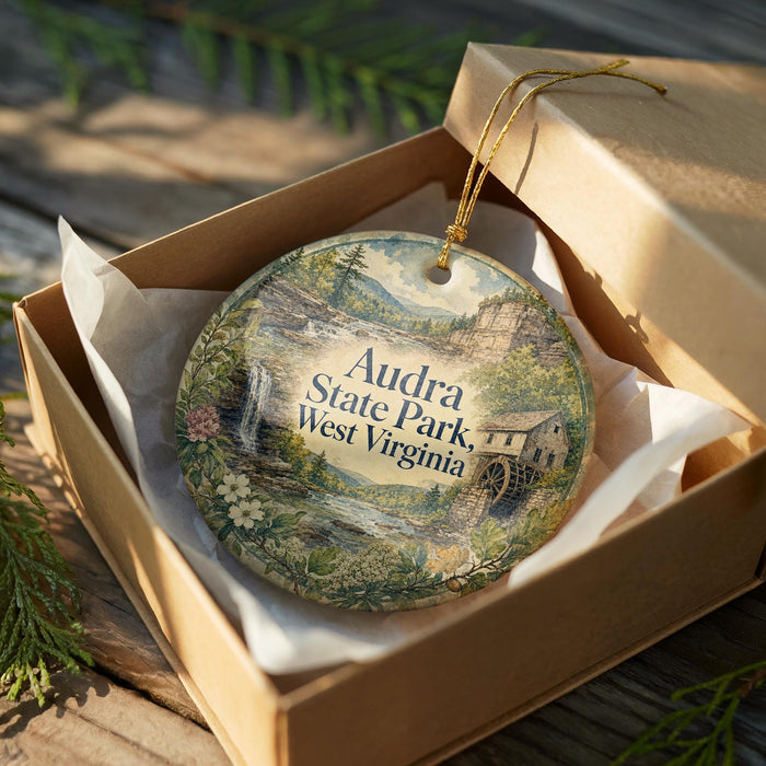 An ornamental ornament in a brown box, featuring a scenic landscape with a waterfall and a house, placed on a wooden surface.