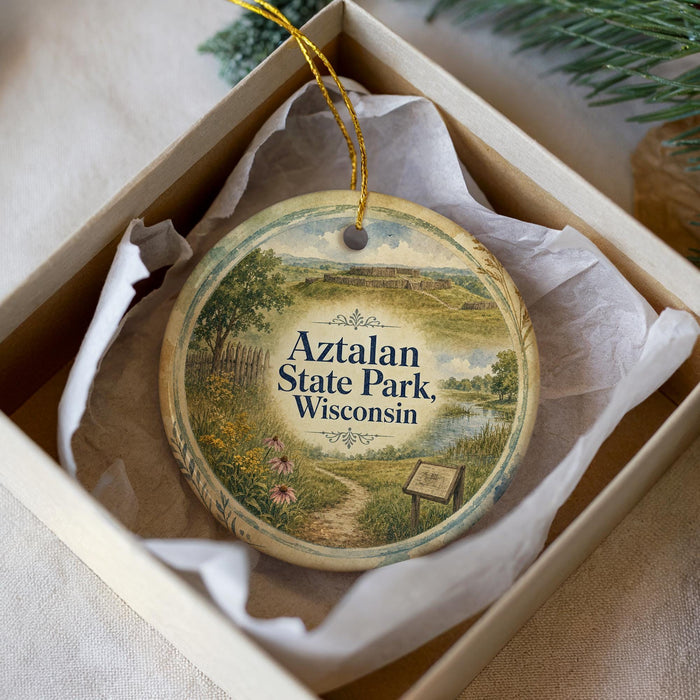 A decorative ornament in a box, featuring a scenic landscape with a path, trees, and a body of water.