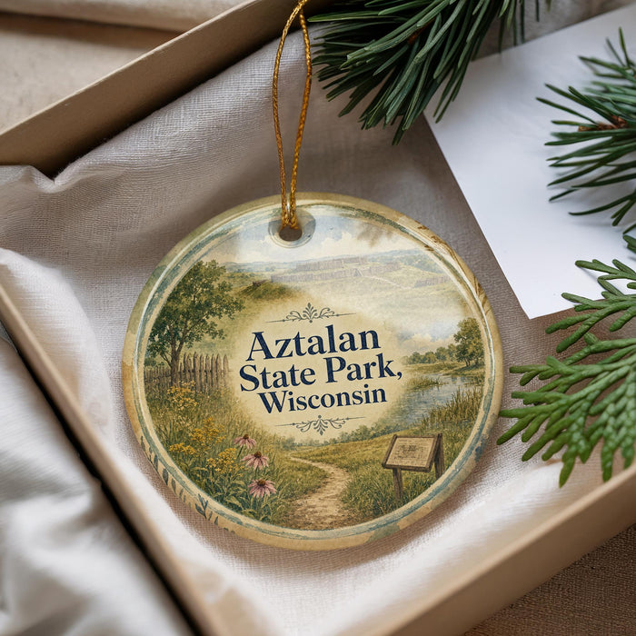 A decorative ornament with a scenic landscape of Aztlan State Park, Wisconsin, featuring a path, flowers, and a sign.