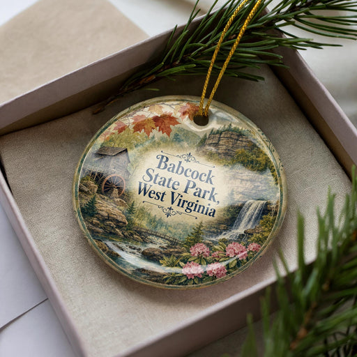 A decorative ornament in a box, featuring a scenic landscape with a waterfall, pine trees, and a barn.