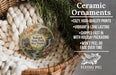 Ceramic ornaments, featuring a detailed image of Babcock State Park, West Virginia, are displayed in a woven basket. The text highlights the ornaments as "Ceramic Ornaments" with a description of their features, including "Cozy, High-quality Prints", "Vibrant & Long Lasting", "Shipped Fast in with Holiday Packaging", and " Won't Peel or Fade Over Time". The image also includes a scale for the ornaments, with the text "2.8in" indicat