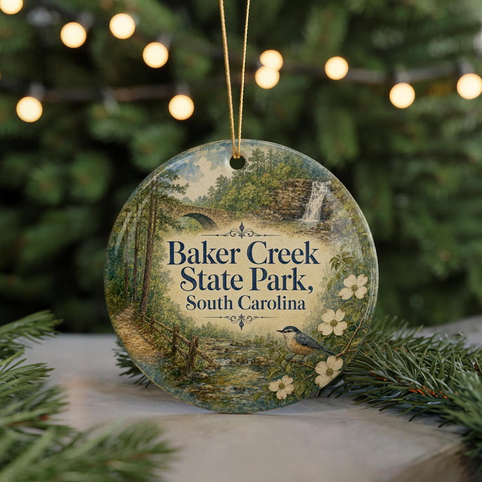 A round ornament with a painting of a bird and a waterfall, surrounded by greenery, hangs in front of a Christmas tree with lights.