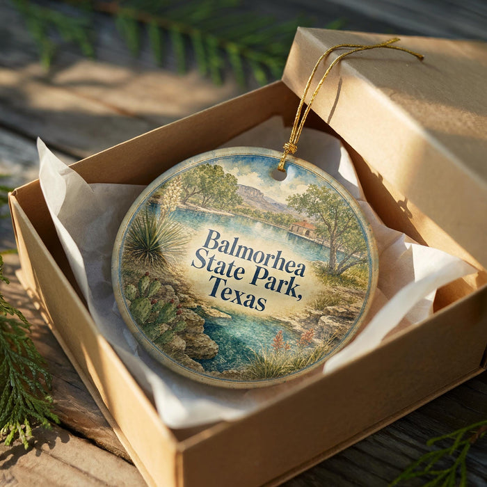 A circular ornament with a scenic landscape of Balmorheeta State Park, Texas, displayed in a wooden box with a gold string.