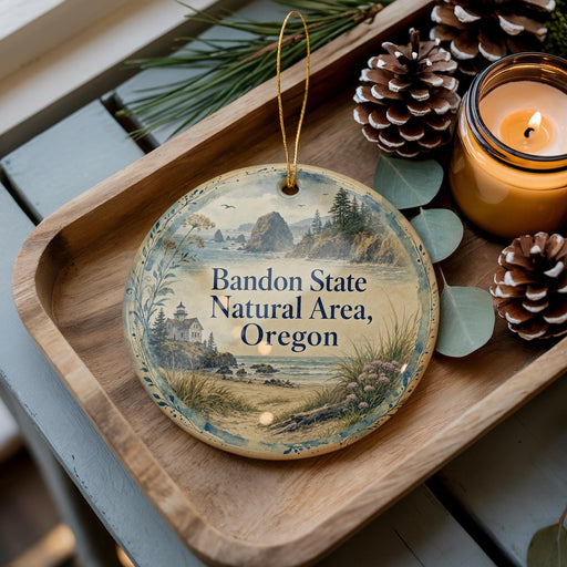 A wooden tray with a decorative ornament featuring a scenic landscape of Bandon State Natural Area, Oregon, and pine cones.