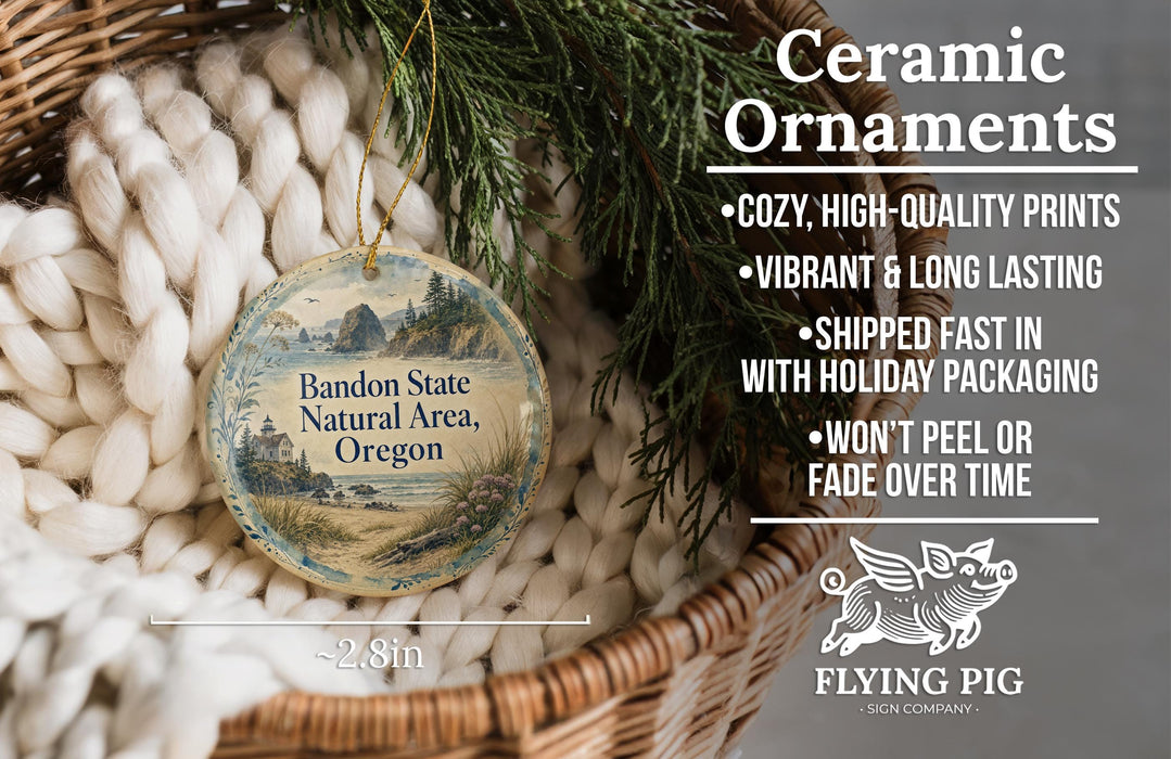 Ceramic ornaments, specifically those featuring the Bandon State Natural Area in Oregon, are displayed in a basket. The text highlights the ornaments as "cozy, high-quality prints" and "vibrant & long lasting", with a description of their shipping speed and packaging. The image also includes a logo for "Flying Pig - SIGN COMPANY".
