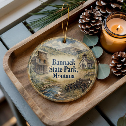 A decorative ornament featuring a scenic image of Banack State Park, Montana, with a candle and pine cones on a wooden tray.
