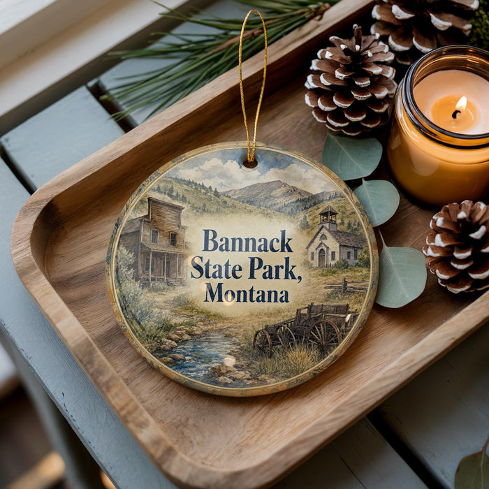 A decorative ornament featuring a scenic image of Banack State Park, Montana, with a candle and pine cones on a wooden tray.