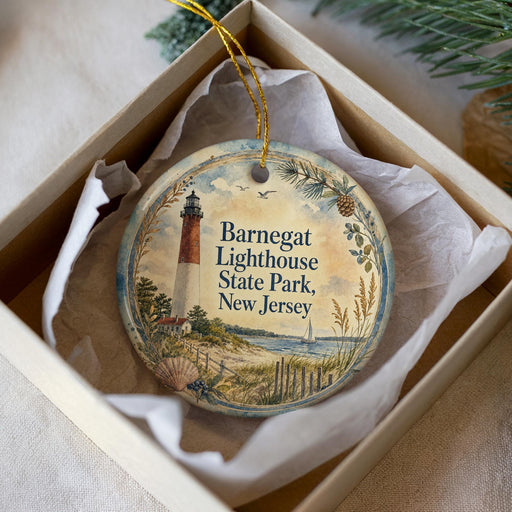 A decorative ornament in a box, featuring a lighthouse and a coastal scene.