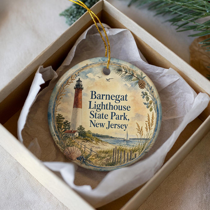 A decorative ornament in a box, featuring a lighthouse and a coastal scene.