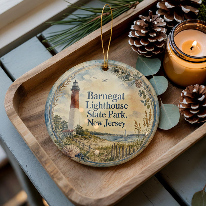 A decorative ornament featuring a lighthouse and the text "Barnes Lighthouse State Park, New Jersey" is displayed on a wooden tray, accompanied by pine cones and a lit candle.