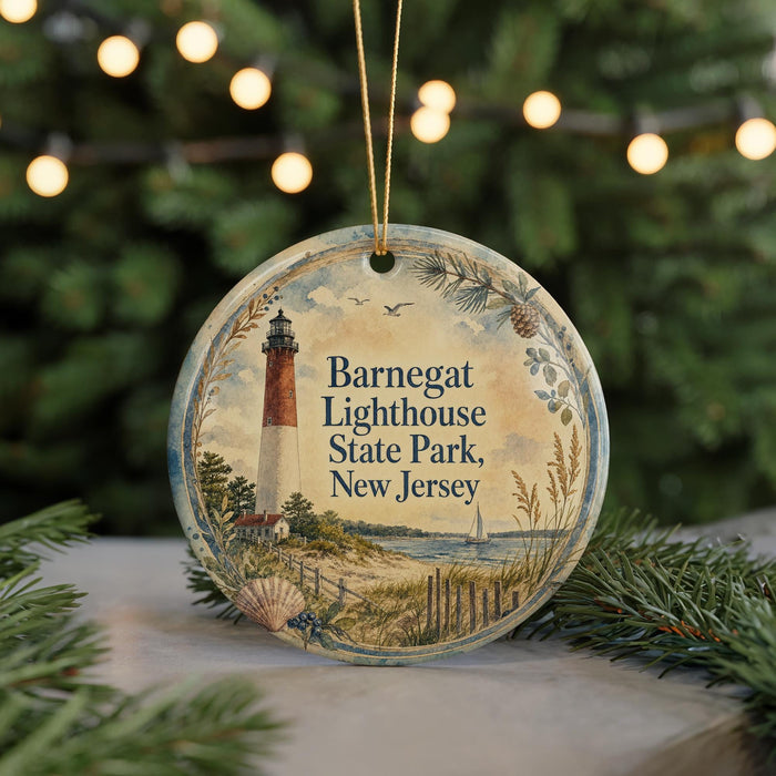 A round ornament with a lighthouse and beach scene, featuring the text "Barnes & Noble Lighthouse State Park, New Jersey".