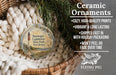 Ceramic ornaments, specifically Barnet Lighthouse State Park, New Jersey ornaments, are displayed in a wicker basket.