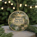 A circular ornament with a scenic image of Barnwell State Park in South Carolina, featuring a bird, a dock, and a lake, surrounded by pine trees and lights.