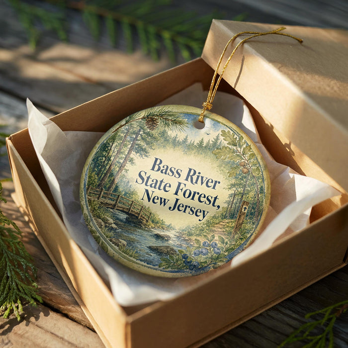 A decorative ornament in a brown box, featuring a scenic image of the Bass River State Forest in New Jersey.