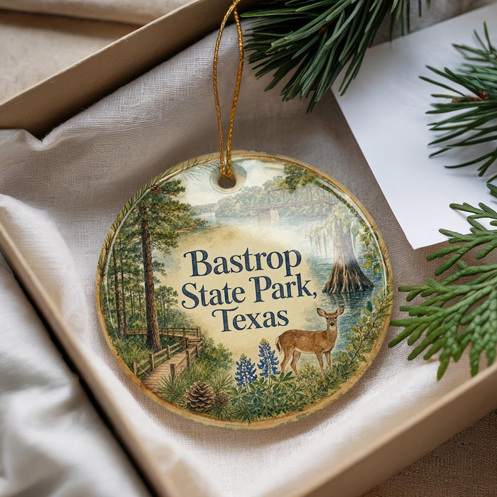 A decorative ornament with the text "Bastrop State Park, Texas" and an illustration of a deer in a forest setting.