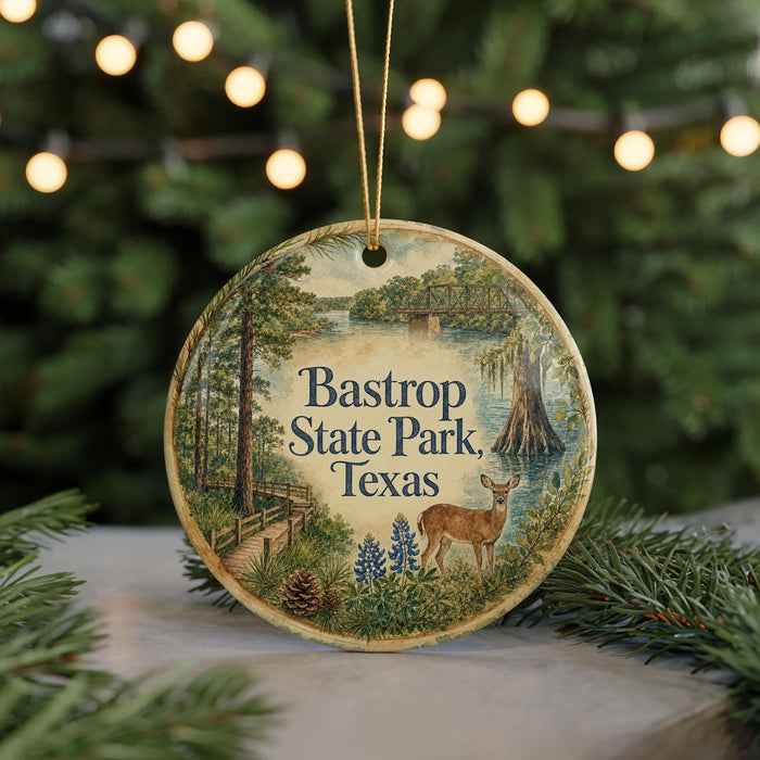 A round ornament with a painting of a deer and a path in front of a park, surrounded by greenery and trees, with the text "Bastrop State Park, Texas" displayed on it.