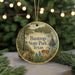 A round ornament with a painting of a deer and a path in front of a park, surrounded by greenery and trees, with the text "Bastrop State Park, Texas" displayed on it.