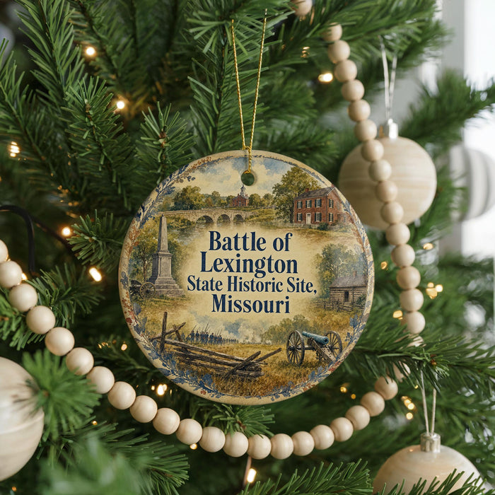 A round ornament hanging on a Christmas tree, featuring an illustration of a historic site and text that reads "Battle of Lexington State Historic Site, Missouri".