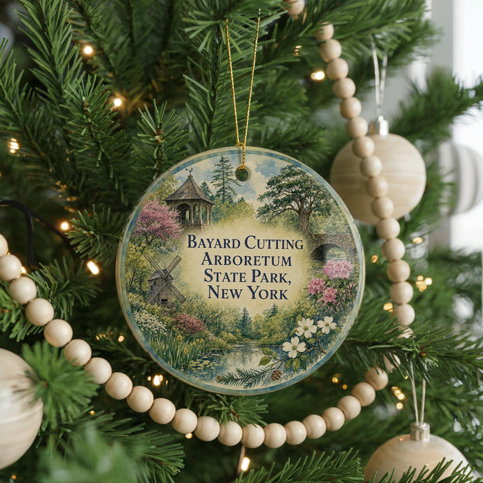 A round ornament hanging on a Christmas tree, featuring a scenic image of Bayard Cutting Arboretum in New York.