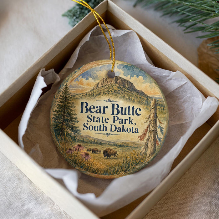 A decorative ornament in a box, featuring a scenic landscape with a mountain and wildlife, including bison.