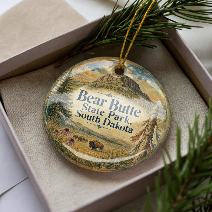 A decorative ornament in a box, featuring a scenic landscape with a mountain and pine trees, along with the text "Bear Butte State Park, South Dakota".
