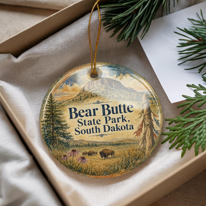 A decorative ornament with a landscape scene featuring a mountain, pine trees, and wildlife, including bison, is displayed in a box with pine branches.