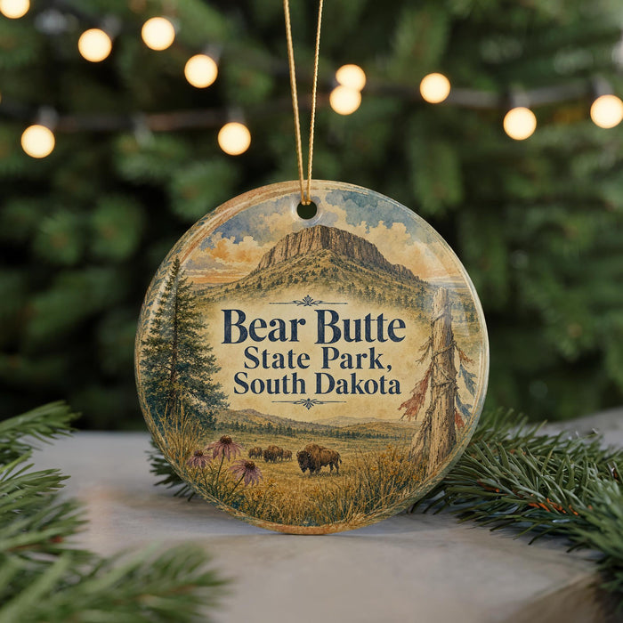 A round ornament with a landscape scene featuring a mountain, pine trees, and bison in the foreground, with the text "Bear Butte State Park, South Dakota" displayed on it.