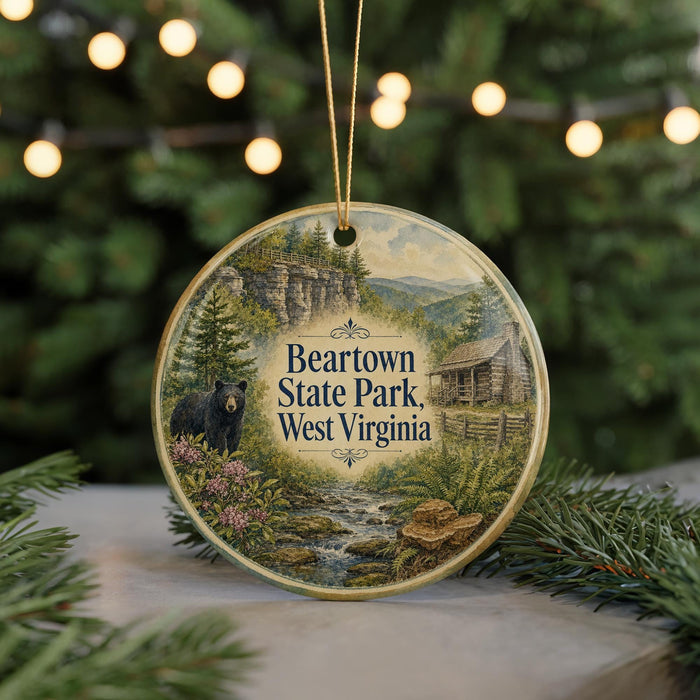 A round ornament with a scenic image of Beartown State Park, West Virginia, featuring a bear, pine trees, and a cabin.