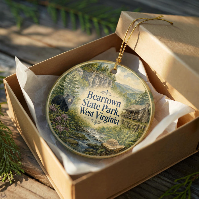 A decorative ornament in a wooden box, featuring a scenic landscape with a river, cabin, and trees, with the text "Beartown State Park, West Virginia" prominently displayed.