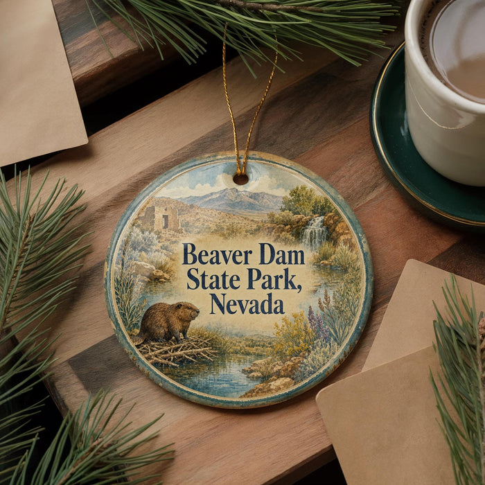 A round ornament with a painting of a beaver in Beaver Dam State Park, Nevada, is displayed on a wooden surface alongside a cup of coffee and some pine branches.