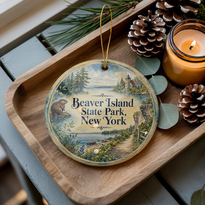 A wooden tray with a decorative ornament featuring a scenic image of Beaver Island State Park, New York, and pine cones.