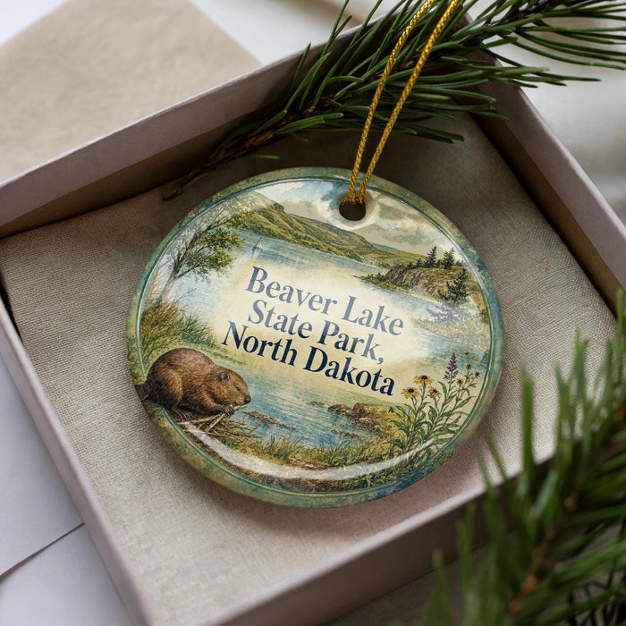 A round ornament with a beaver and the text "Beaver Lake State Park North Dakota" is displayed in a box with pine branches.