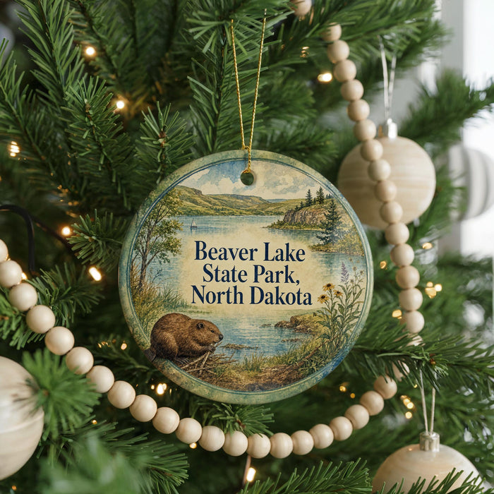 A round ornament hanging on a Christmas tree, featuring a beaver and the text "Beaver Lake State Park, North Dakota".