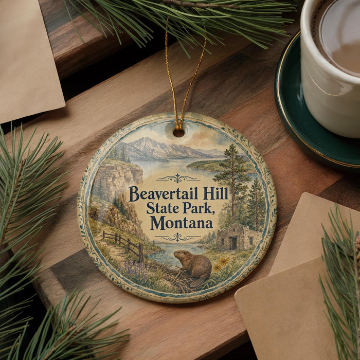 A decorative ornament featuring a scenic image of Beavertail Hill State Park, Montana, with a beaver in the foreground and a mountainous landscape in the background.