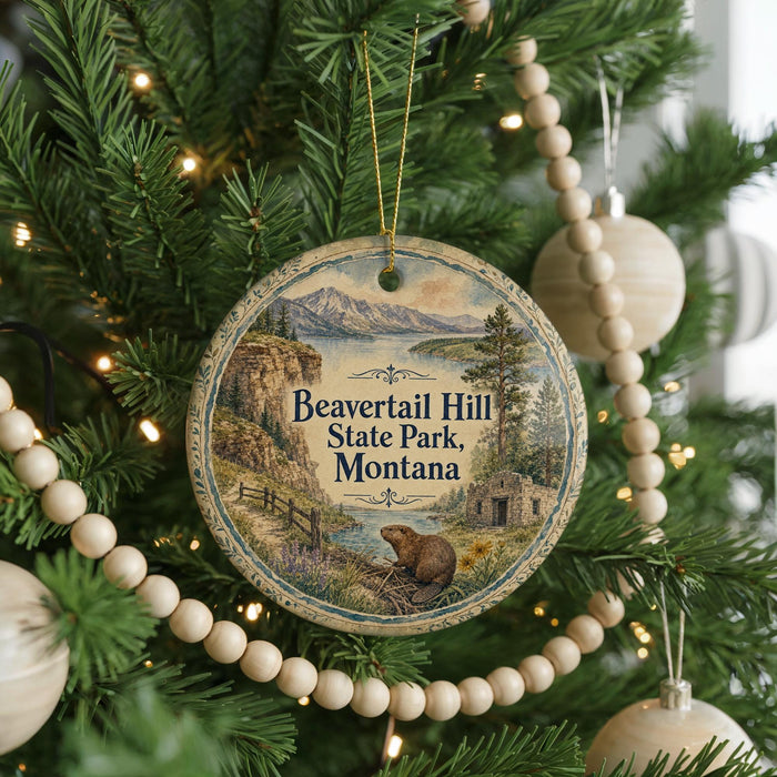 A round ornament hanging on a Christmas tree, featuring a scenic image of Beavertail Hill State Park, Montana.