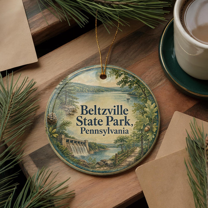 A round ornament with a scenic landscape of Beltzville State Park, Pennsylvania, featuring a waterfall and pine trees.