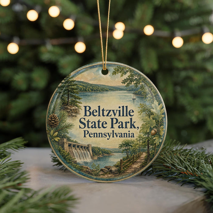 A round ornament with a scenic view of Beltzville State Park, Pennsylvania, featuring a waterfall and forest landscape.